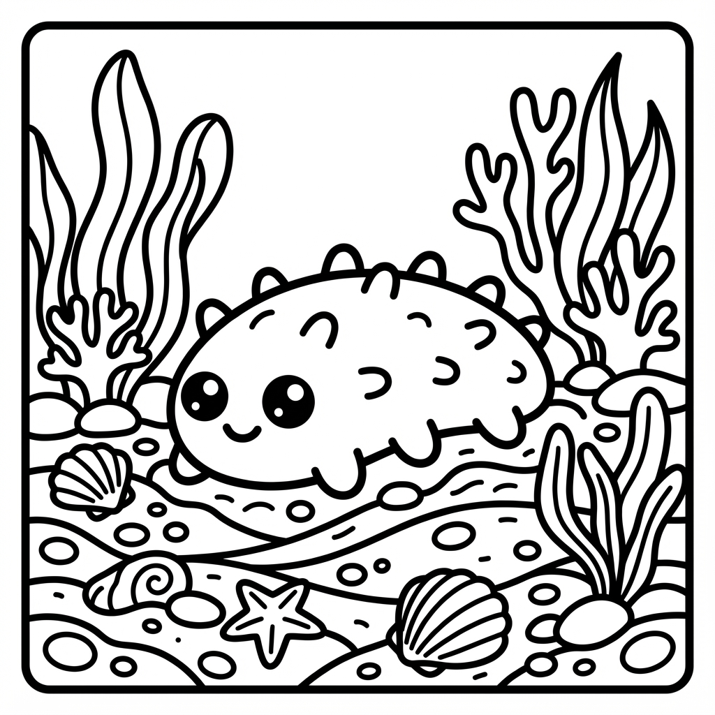 Adorable sea slug resting on the sandy ocean floor, a great option for thick line coloring pages and heavy outline coloring.